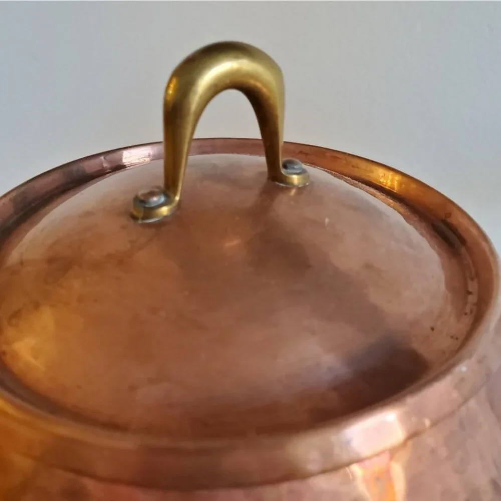 Hammered copper fondue pot Saucier and brass warmer two tone inMeersburg Germany